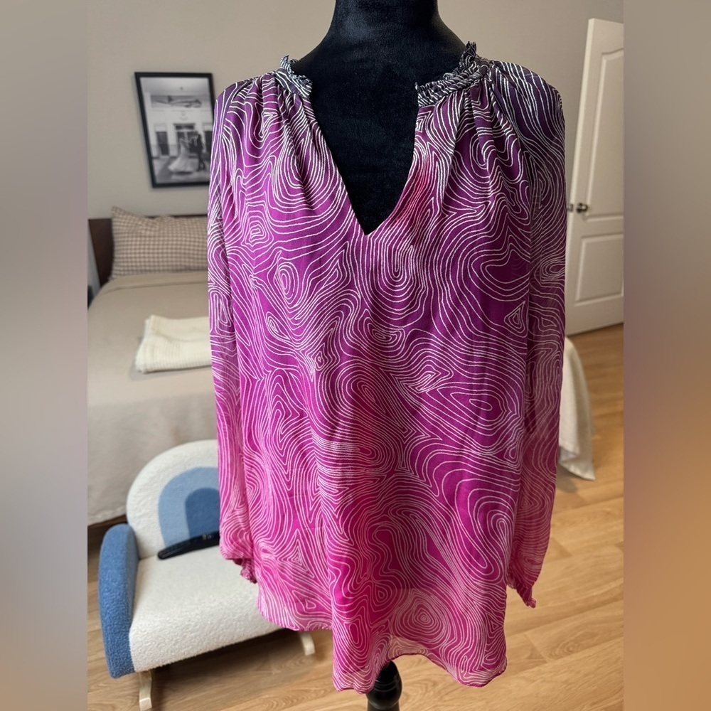 Diane Von Furstenberg Silk Pink Swirl Print Long-Sleeve Blouse